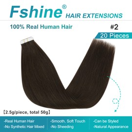 Fshine Real Hair Tape-In Extensions, Dark Brown, 50 cm, 50 g, Remy Hair Extensions, 20 Pieces, Skin Weft Seamless Tape Extensions, Straight