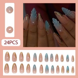 Hrnsnails Nail Press ons, Almond Press On Nails Medium Fake Nails with Ombre Blue 3D Shell Starfish Pearl Design, Acrylic Artificial False Nails Press On Stick On Nails for Women