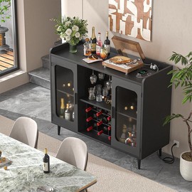 Wine Bar Cabinet with Power Outlet & LED Light Home Coffee Buffet Sideboard - Color: BLACK