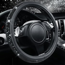 Cubre Volante para Auto,Funda de Piel para Volante con Diamantes Brillantes Ajuste Universal para Volantes de 14.5''-15'',Protector de Volante para SUV, Furgonetas, Sedanes y Turismos,Negro