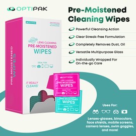 OPTIPAK Pre-Moistened Lens Wipes for Eyeglasses - Individually Wrapped Eye Glasses Cleaner Wipes for Glasses, Sunglasses, Camera Lens, Goggles and Screens (150 Count)