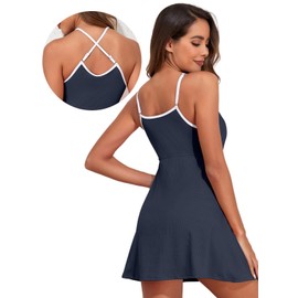 Aleumdr Bathing Suits for Women Athletic One Piece Swimsuit Tummy Control Swim Dress Slimming Swim Skirt Swimwear with Pockets Navy Blue Medium