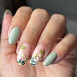 Green Press on Nails Medium Oval Fake Nails Spring Summer False Nails Press ons with Floral Designs Reusable Acrylic Nails Full Cover Artificial Stick on Nails for Women Manicure 24Pcs