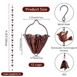 Qipade 9.3 FT Rain Chain, Metal Rain Gutter Chains with 12 Cups & Detachable Hummingbird Decor, Adjustable Rain Catcher Chain with Bell for Outdoor Decor, Replacement for Downspout