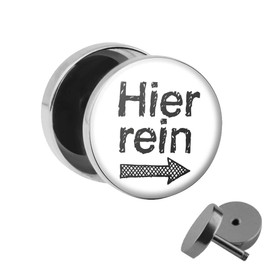 Treuheld Set – Hier REIN DA Raus – Funny Stud Earrings for Screwing with Saying (Fake Plugs) – Diameter 10 mm – 2 Colours: Black & White – Silver – Funny Earrings Surgical Steel for Men and Women