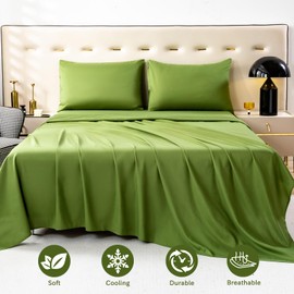 Overket Luxury 3 Piece Bed Sheets for Twin Size Bed, Cooling, and Breathable Bedding with Easy Care and Silky, Wrinkle Free.（Olive green-Twin）