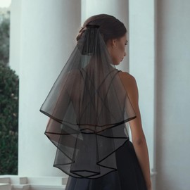 Amaxiu Short Wedding Bridal Veil with Comb, 2 Tiers Tulle Bridal Veil Elbow Length Wedding Veil Ribbon Edge 60-80cm, dark