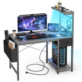 Grandder Gaming Desk 40 Inch with Power Outlet and LED Light, Computer Desk with Reversible Shelves and Storage Drawer, Pc Workstation for Home Office with Bag, Carbon Fiber Grey