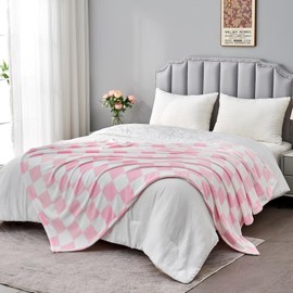 Edenleaf Pink Checkered Blanket, Soft Cozy Fleece Checkered Throw Blanket for Bed Sofa Couch Camping, Ultra Fluffy Throw Blankets for All Seasons (Pink)