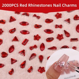 ROFIBUT Red Crystal Rhinestones Nail Gems 2000Pcs Multi Shape Flat Back Charms 3D Mini Kawaii Hearts Stars Flowers Designs Crystal Nail Charms Diamonds for Women Nail Art Supplies