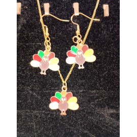 Unbranded Thanksgiving Or Fall Multicolor Turkey Earring And Necklace Jewelry Set