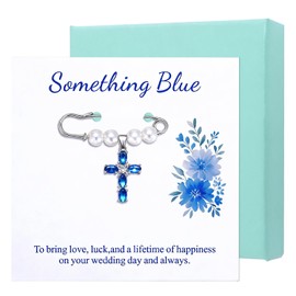 Bmpzery Something Blue Gift for Bride, Bridal Bouquet Charm - Silver Cross Brooch with Blue Zircon & Pearl, Hypoallergenic Wedding Pin for Dress, Garter, Keepsake Box Borrowed Gift from Mom