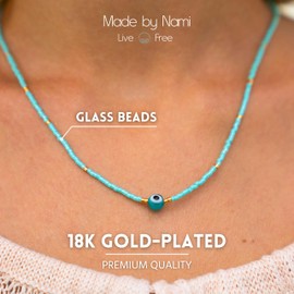 Made by Nami Women's Glass Pearl Necklace in White Turquoise or Purple with Nazar Boncuk Pearl Waterproof Jewellery Hippie Jewellery 40 + 5 cm, Stainless Steel, Glass beads