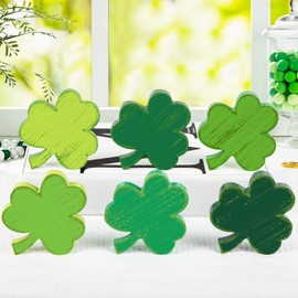 COCHIE St. Patrick's Day Shamrock Decorations, Wooden Saint Patrick Day Tiered Tray Decor Set of 6, Green Clover Table Top Decoration for Home, Shelf, Door, Office Party (Retro)