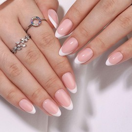 Rchovsam Gel Nails Press on Short - White French Tip Press on Nails Almond,Glue on Nails for Women Gift,Supremely Fit & Natural Reusable Stick on Nails 16 Sizes - 30 Gel Nails Kit,Classic French