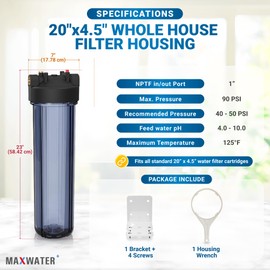 Max Water Whole House Water Filter Housing, Fits 20" x4.5" Big Filter Blue Pre-Filtration System for Well and City Water, 1 inch NPT Ports with Wrench and Bracket (Clear Housing)