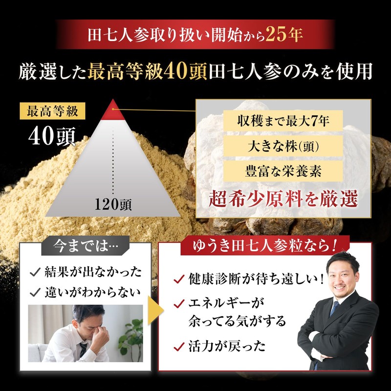 ゆうき田七人参 サプリメント 有機JAS認証 希少40頭田七 原料100％田七人参のみ 1～3か月分 (240粒)