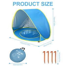 KBIBCK Strandmuschel Pop Up, Pop Up Strandzelt mit UV Schutz, Baby Strand Zelt mit Mini Pool, Tragbar Pop Up Baby Strandzelt mit Tragetasche und Zeltpflöcke für Kleinkinder, Picknick,Garten (Hellblau)
