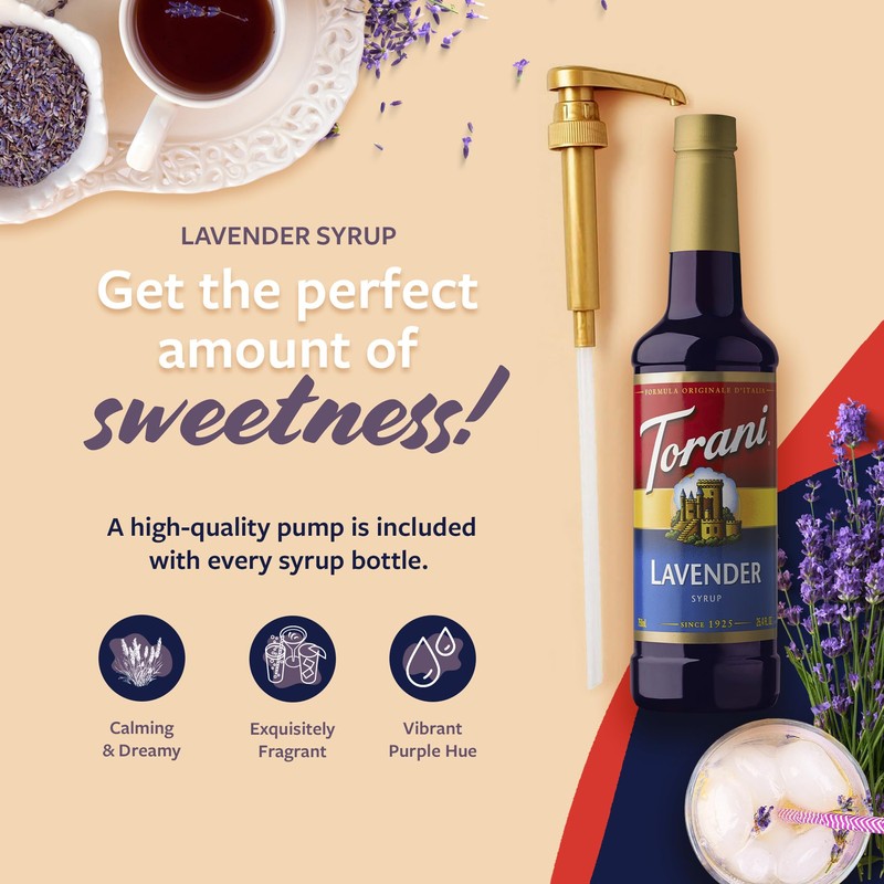 Torani Coffee Syrup, Lavender Flavored Syrup for Drinks, Pump Included,