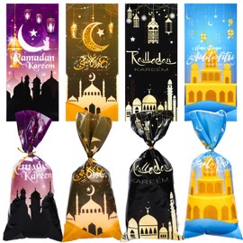 100PCS Eid Mubarak Gift Bags with Gold Twist Ties, 4 Styles Plastic Eid Mubarak Goodie Bags Candy Gift Bags,Muslim Castle Moon Star Lights Candy Cookie Treat Bags for Home Decorations Festival Party Favors Goodie Bag Supplies