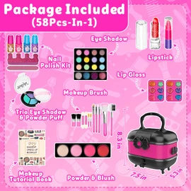 58Pcs Kids Makeup Kit for Girl - Real Washable Cosmetic Set with Light Up Mirror - Kids Makeup Sets for Girls -Play Make Up Birthday for Age 3 4 5 6 7 8 9 10 11 12 Years Old Kid -Pink
