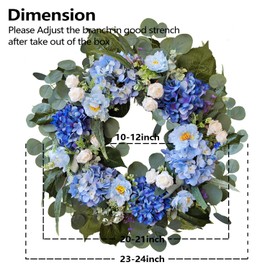 WANNA-CUL 24 Inch Spring Hydrangea Wreaths for Front Door,Valentines Day Wreath with Blue White Rose and Peony Flower for Wedding or Mothers Day Wreath Decor