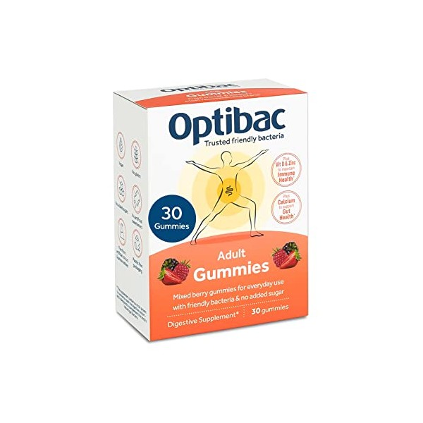 Optibac Probiotics Adult Gummies - Vegan Digestive Probiotic Supplement with Vitamin D, Zinc & Calcium for Immune Support & Gut Health - 5 Billion Bacterial Cultures - 30 Gummies