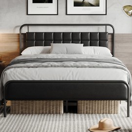 Susalt PU Leather Queen Bed Frame, Queen Size Metal Platform Beds with Upholstered Headboard & Footboard, 12" Underbed Storage Space, Easy Assembly, Noise-Free, No Box Spring Needed, Black (Black)