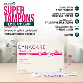 Dynarex Super Plus Tampons – Bulk Feminine Hygiene Product with Plastic Applicator – 6 Hour Protection – 10 Boxes of 200 Total Tampons