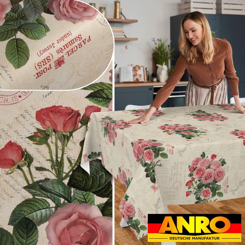 ANRO Oilcloth tablecloth, wax tablecloth, washable garden tablecloth, postcard, roses,