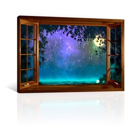 CANVAS REVOLUTION | Cuadro Decorativo Canvas Lienzo Impresión | Naturaleza | Ventana Al Mar de Noche | Diferentes Dimensiones Tamaños Medidas Disponibles | Decoración De Interiores | Cuadros Minimalistas Modernos | Cuadros Para Sala Comedor Recamara Ofic