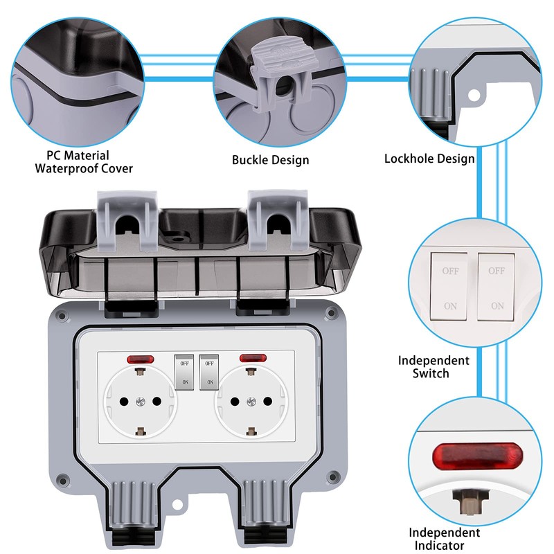 Demoyaya Outdoor Socket IP66 Waterproof Double Socket Wall Sockets Outdoor