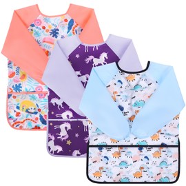 GSrenyu Kids Art Smock, 3 Pack Waterproof Artist Painting Aprons for Ages 3-8 with Long Sleeve and 3 Pockets Cartoon Kids Apron for Painting, Cooking, Eating, Crafts