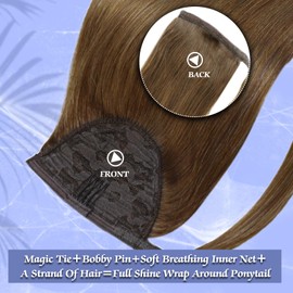 Full Shine Ponytail Extension Human Hair Clip ins Pony Real Hair Extensions Medium Brown Real Hair Ponytail Hair Pieces for Women 80 Grams 16Inch