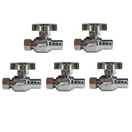 WiseWater 5 Pcs 1/4" O.D Compression x 1/2" PEX Water Shut Off Valve, 1/4 Turn Chrome Plated Brass Straight Stop Valve, PEX, CPVC, Copper Tube