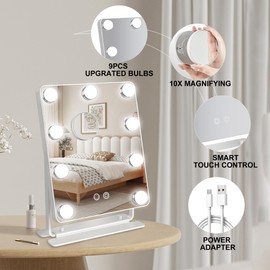 TUSHENGTU Hollywood Vanity Mirror with Lights 9" x 11", Lighted Makeup Mirror with 10X Magnification & 9 LED Bulbs Dimmable, 3 Colors Modes, Touch Control, Plug in Vanity Mirror with Lights, White