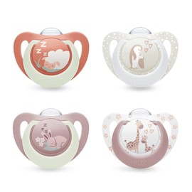 NUK First Choice Day & Night Baby Dummies | 0-6 Months | Orthodontic Dummies that Glow in the Dark | Soothes 99% of Babies** | Assorted | Pack of 4