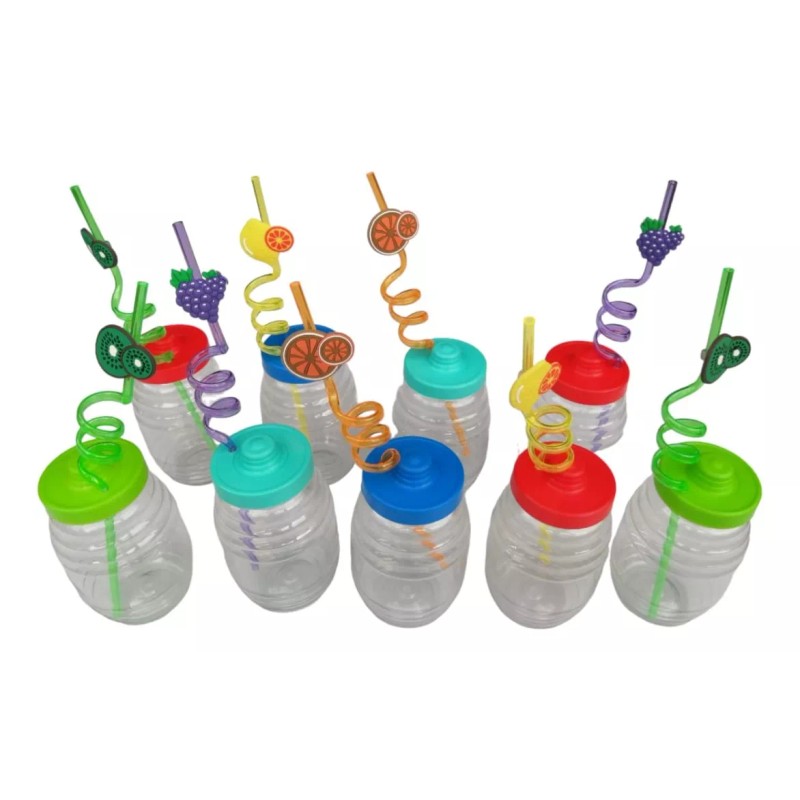 Mini Vitrolero De Plastico De 500ml Con Popote Espiral 12pzs