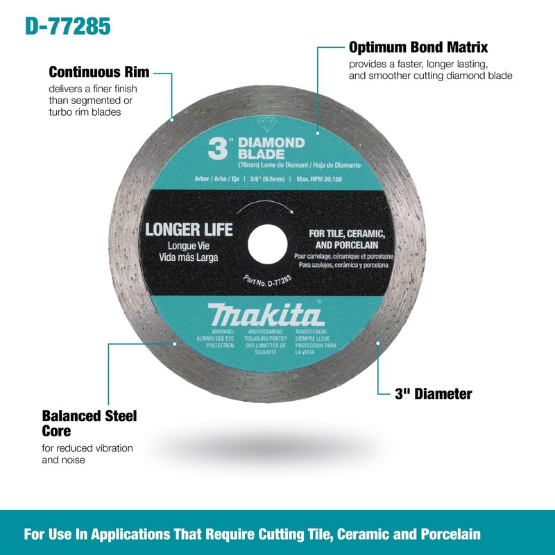 Makita D-77285 3" Continuous Rim Diamond Blade for Ceramic, Granite