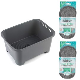Beldray COMBO-7025 Grey Washing Up Bowl with Draining Plug Fresh Microfibre Scrubber Cleaning Pads, Plastic