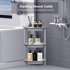 ELYKEN 3 Tier Shower Caddy Organizer Shelf Corner, 14.4 x 11.2 x 22.4 Inches, Rustproof, Plastic Shower Rack Stands for Inside Bathroom, Bathtub, Shower pan, Grey