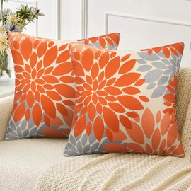 Velvhom Decorative Cushion Cover 50 x 50 cm Sofa Cushion Orange and Grey Set of 2 Cushion Covers Soft Linen Dahlia Cushion Cover Outdoor Cushion Geometric Decorative Cushion Cuddly Cushion Covers