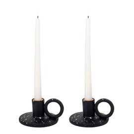 Elanze Designs Vintage Style Resin Stone Taper Candle Holders, Mantle Decorations, Dining Table Centerpiece, Home Decor, Candlestick Holder for Tapered Candles, Pack of 2, Black and White Speckles