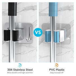 homeasy Mop Broom Holder No Drill, Mop Broom Organizer Wall Mounted Heavy Duty with Hooks Hanger, Self Adhesive Stainless Steel 4Pcs for Bathroom, Kitchen, Office (Multicolor)