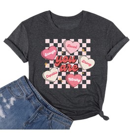 Foismber Womens Valentine's Day Shirts Cute Couple Love Heart Print Graphic Tees Happy Valentine's Day Short Sleeve Tops(Dark Grey,M)