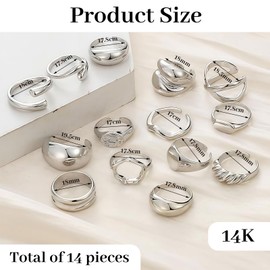 BelleVive 14-Piece Set of Chunky Silver Rings for Women, 14K Gold Plated, Thick Dome, Stackable Open Rings, Trendy, Delicate, Minimalist Jewellery Gifts for Ladies