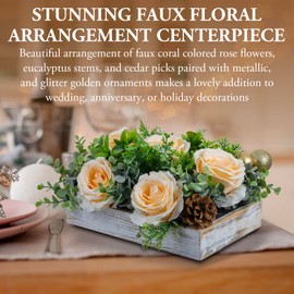 MyGift Artificial Champagne Rose Floral Arrangement in 10.5 Inch White Washed Solid Wood Box, Wedding Tabletop Faux Light Peach Rose Flower Centerpiece with Green Foliage, and Gold Tone Ornaments