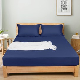 David's Home 100% Rayon Derived from Bamboo Cooling Fitted Sheet, 16" Deep Pocket for Hot Sleeper, Silky Soft Breathable Cozy for All Seasons, 1 Piece Silky Bottom Sheet Only, Navy Blue, King Size