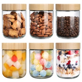 6 Pack 16oz Glass Jars with Bamboo Lids, Over Night Oats Container with Airtight Lid, Glass Snack Storage Salad Jars For Food, Yogurt, Sugar and Flour,Coffee Bean, Cookie, Cereal