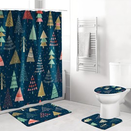 APROPHIC Christmas Tree Shower Curtain Set for Bathroom Decor, Non Slip Absorbent Rugs, U Shaped Bath Mat, Toilet Lid Cover, Xmas Winter Snowflake 4 Piece Bathroom Accessories with Hooks, Black